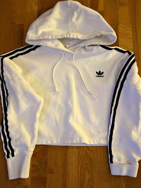 Adidas Cropped Track Hoodie White & Black Stripe Small